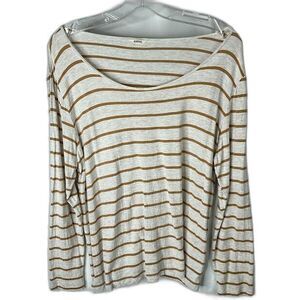 Fossil Striped Shirt Women XL Beige Rayon Scoop Neck Long Sleeve Earthy Grun